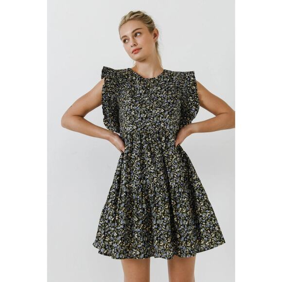 English Factory Dresses & Skirts - English Factory 100% Cotton Black Blue Floral Babydoll Mini Dress Size Medium